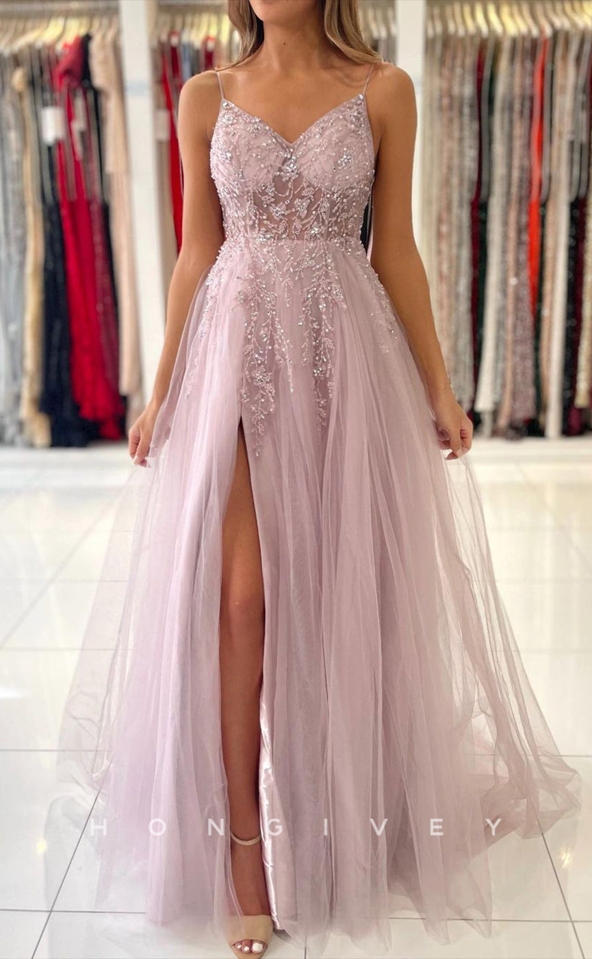 L1896 - Sexy Illusion Tulle A-Line V-Neck Spaghetti Straps Empire Beaded Appliques Party Prom Evening Dress