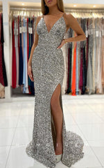 L1897 - Sexy Fitted Glitter V-Neck Spaghetti Straps Empire Fully Sequined With Train Party Prom Evening Dress