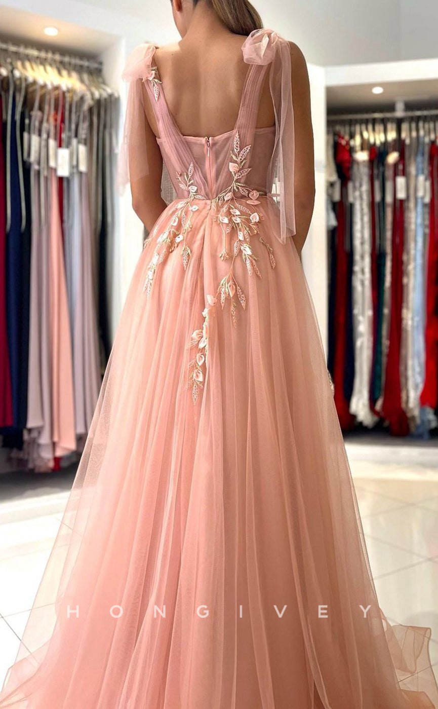 L1899 - Sexy Tulle A-Line Sweetheart Bowknot Straps Empire Appliques With Side Slit Party Prom Evening Dress