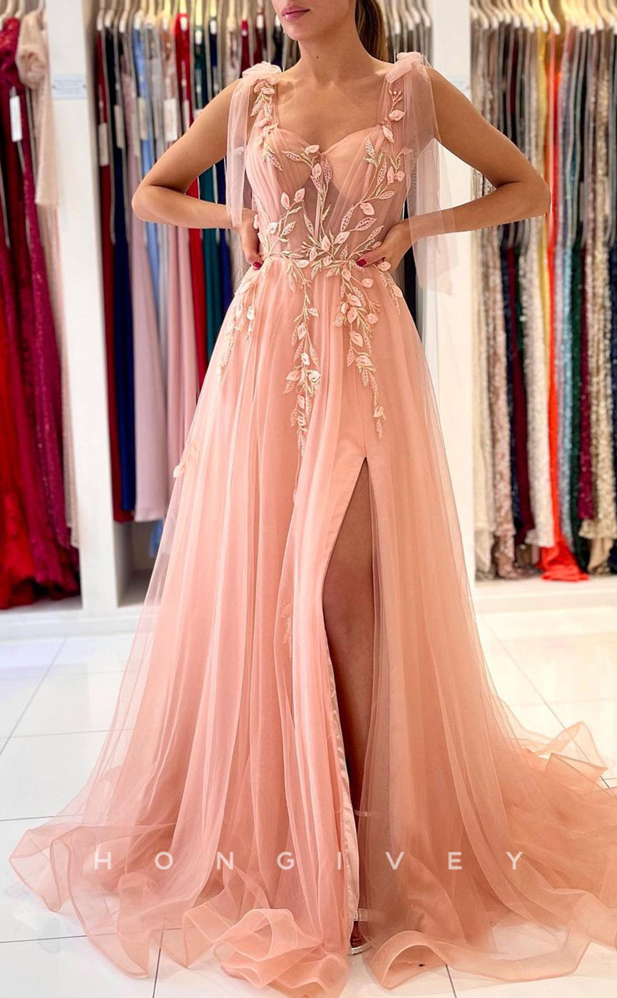 L1899 - Sexy Tulle A-Line Sweetheart Bowknot Straps Empire Appliques With Side Slit Party Prom Evening Dress