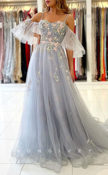 L1902 - Sexy Tulle A-Line Off-Shoulder Spaghetti Straps Empire Appliques Party Prom Evening Dress