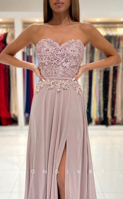 L1903 - Sexy Satin A-Line Sweetheart Strapless Empire Appliques With Side Slit Party Prom Evening Dress
