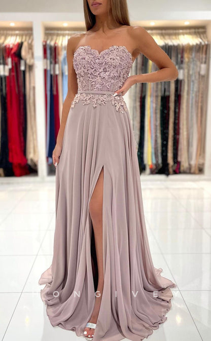 L1903 - Sexy Satin A-Line Sweetheart Strapless Empire Appliques With Side Slit Party Prom Evening Dress