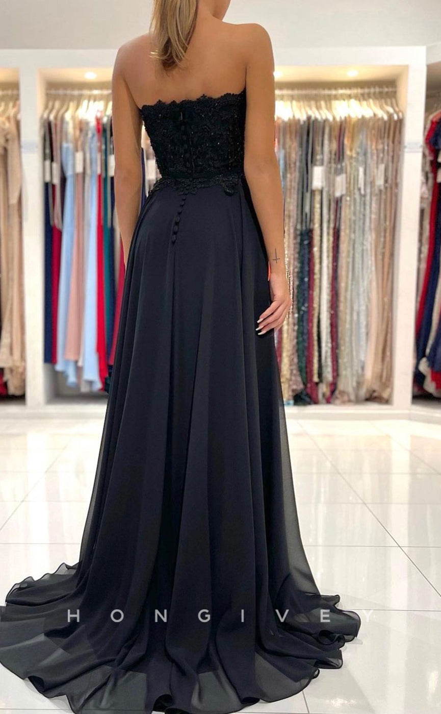 L1904 - Sexy Satin A-Line Sweetheart Strapless Empire Appliques With Side Slit Party Prom Evening Dress