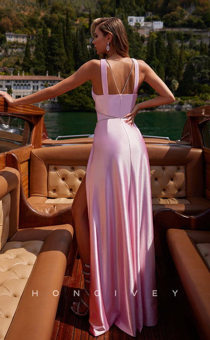 L0905 - Sexy  Detachable Rhinestone  Criss-Cross Straps High Slit Gown Satin Straps V-Neck Prom Dress