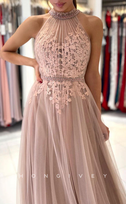 L1905 - Sexy Tulle A-Line High Neck Empire Sleeveless  Appliques With Train Party Prom Evening Dress