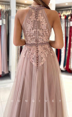 L1905 - Sexy Tulle A-Line High Neck Empire Sleeveless  Appliques With Train Party Prom Evening Dress