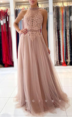 L1905 - Sexy Tulle A-Line High Neck Empire Sleeveless  Appliques With Train Party Prom Evening Dress