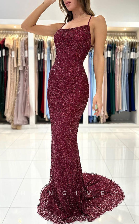 L1906 - Sexy Trumpt Glitter Bateau Spaghetti Straps Sequined Empire Lace-Up Party Prom Evening Dress