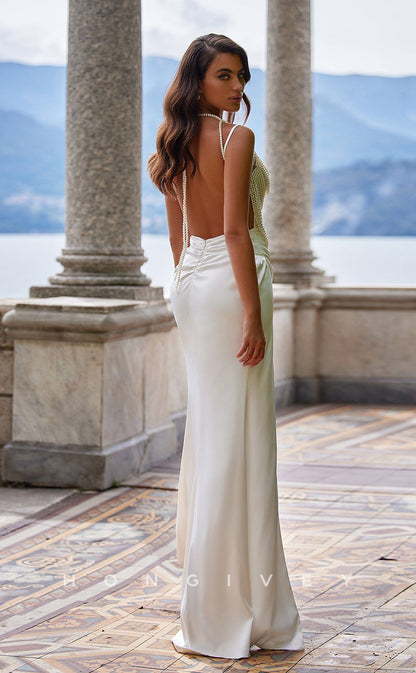 L0907 - Elegant & Luxurious Detachable Pearls Satin Court Train Spaghetti Straps Prom Dress