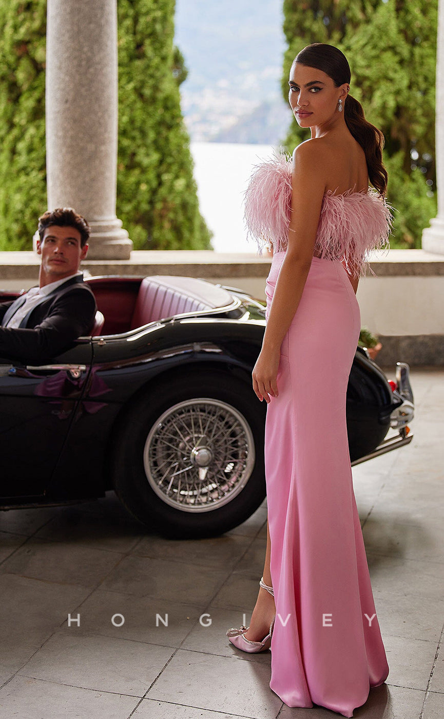 L0909 - Pink Feathers High Slit Gown  Open Back Off-Shoulder Prom Evening  Dress