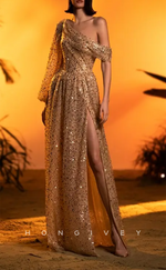 L1911 - Sexy A-Line One Shoulder Empire Long Sleeve Fully Sequined With Side Slit Party Prom Evening Dress