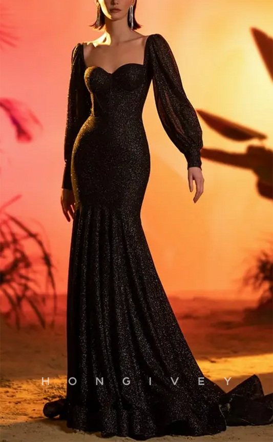 L1912 - Sexy Trumpt Glitter Sweetheart Long Sleeve Empire With Train Party Prom Evening Dress