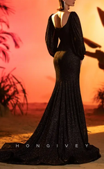 L1912 - Sexy Trumpt Glitter Sweetheart Long Sleeve Empire With Train Party Prom Evening Dress