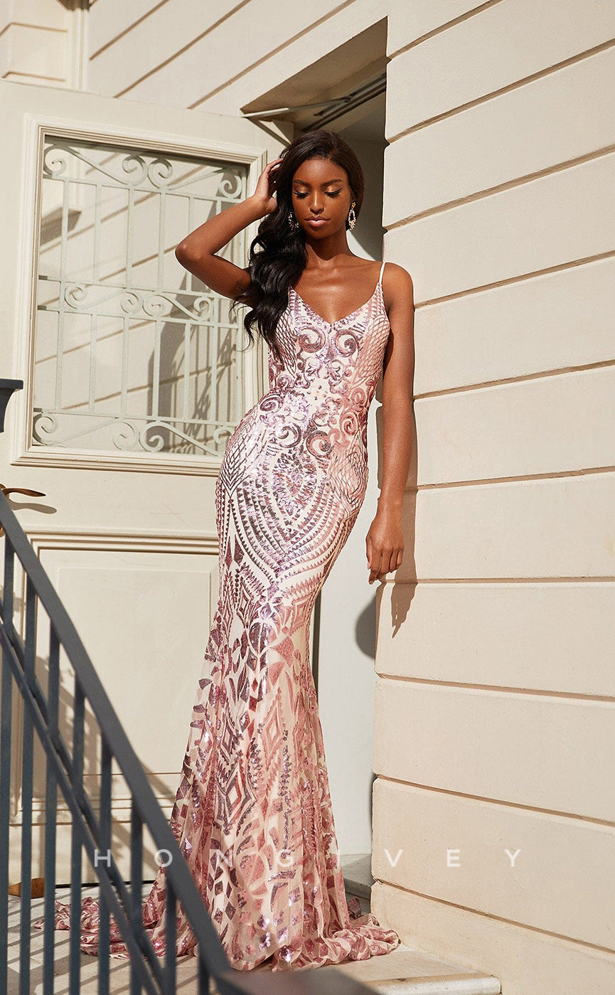 L0913 - Glamorous  Backless  With Sweep Train Glitter V-Neck Spaghetti Straps Trumpet Printed Prom  Evening Dress
