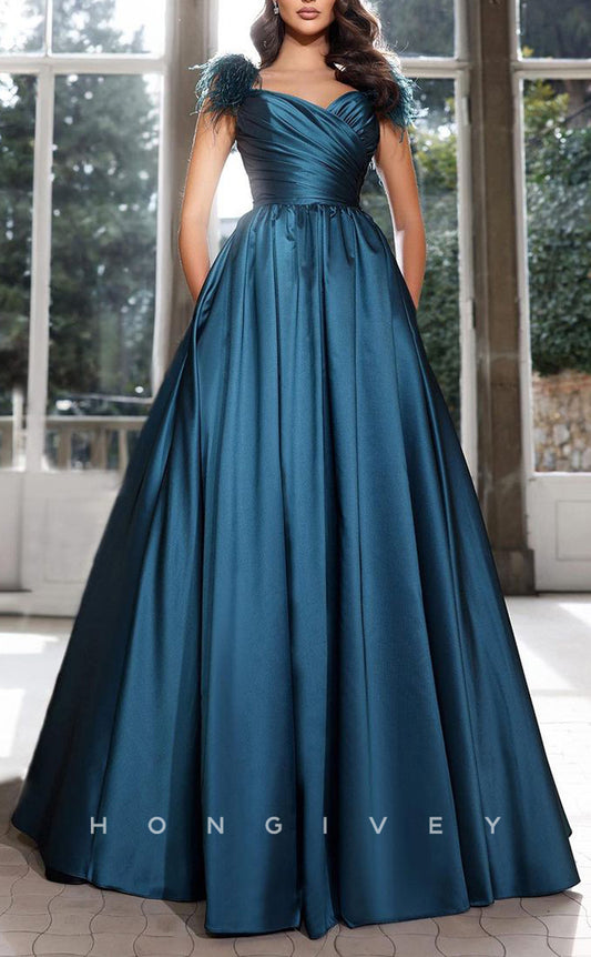 L1914 - Sexy Satin A-Line Asymmetrical Empire Ruched Feathers Floor-Length Party Prom Evening Dress