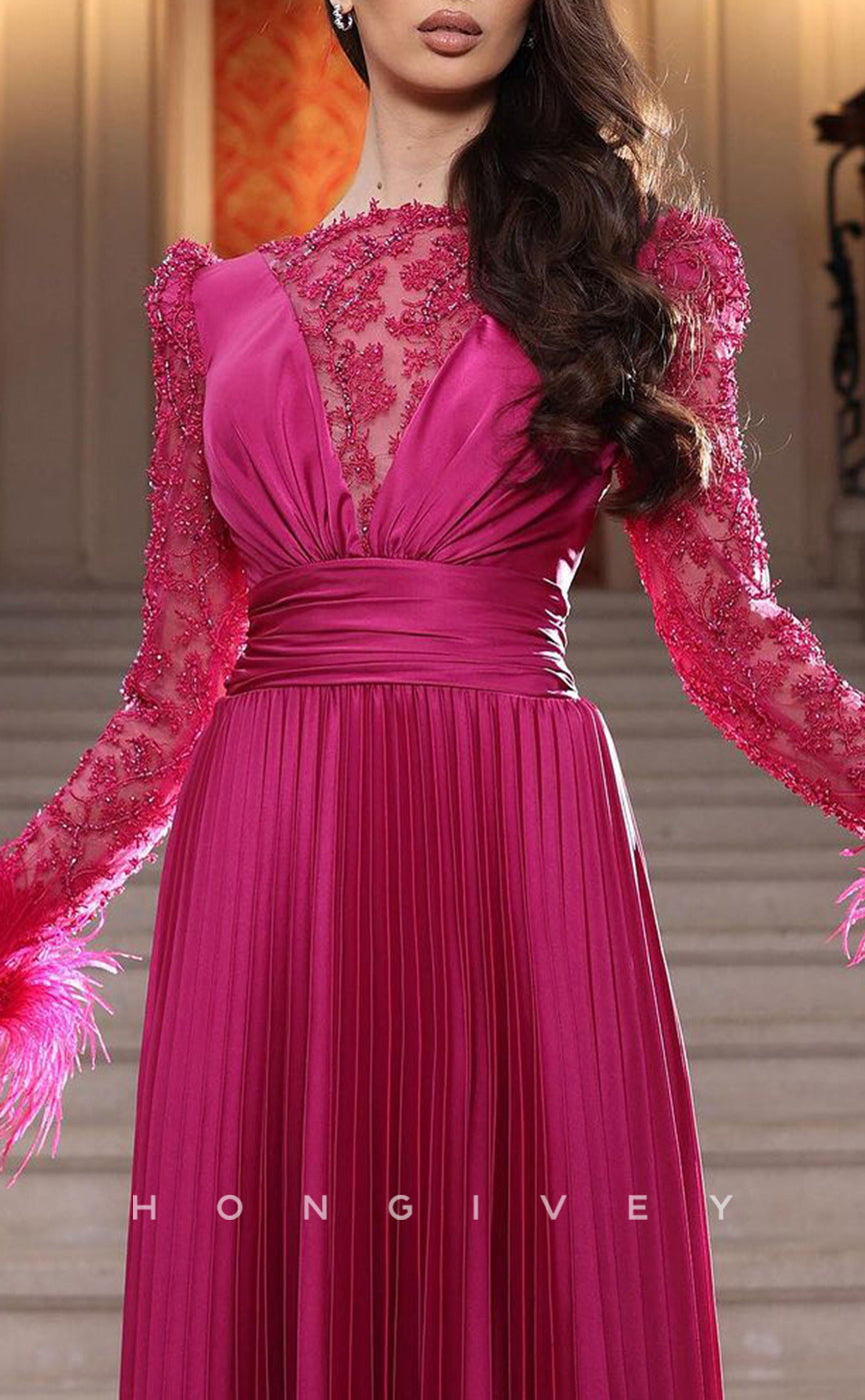 L1915 - Sexy Satin A-Line High Neck Illusion Long Sleeve Feathers Empire Ruched Party Prom Evening Dress