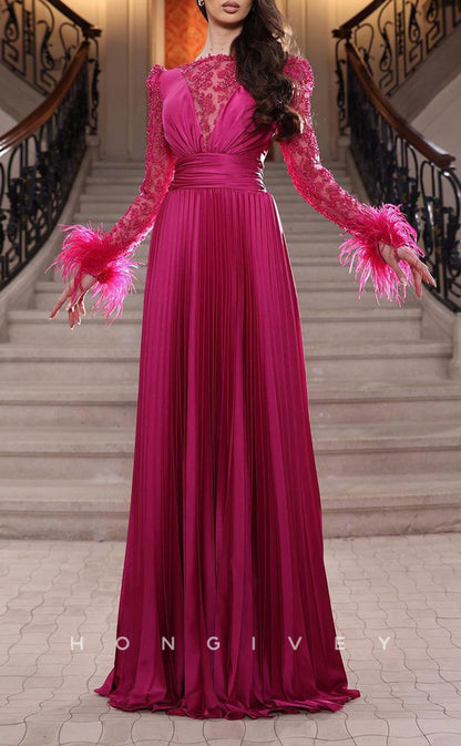 L1915 - Sexy Satin A-Line High Neck Illusion Long Sleeve Feathers Empire Ruched Party Prom Evening Dress