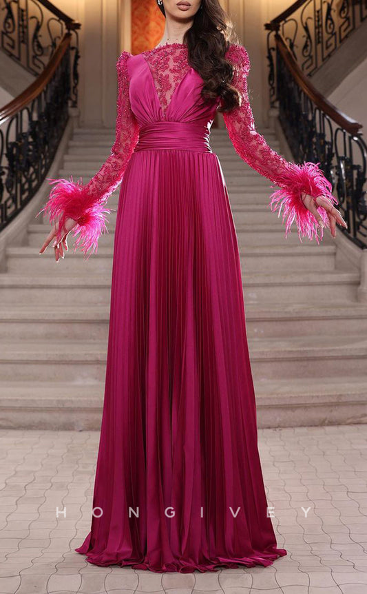 L1915 - Sexy Satin A-Line High Neck Illusion Long Sleeve Feathers Empire Ruched Party Prom Evening Dress