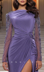 L1922 - Sexy Satin Fitted High Neck Long Sleeves Empire Ruched Beaded With Side Slit Party Prom Evening Dress