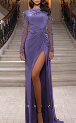 L1922 - Sexy Satin Fitted High Neck Long Sleeves Empire Ruched Beaded With Side Slit Party Prom Evening Dress