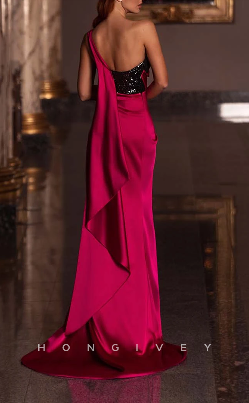 L1928 - Sexy Satin Fitted One Shoulder Empire Ruched Sequined With Side Slit Train Party Prom Evening Dress