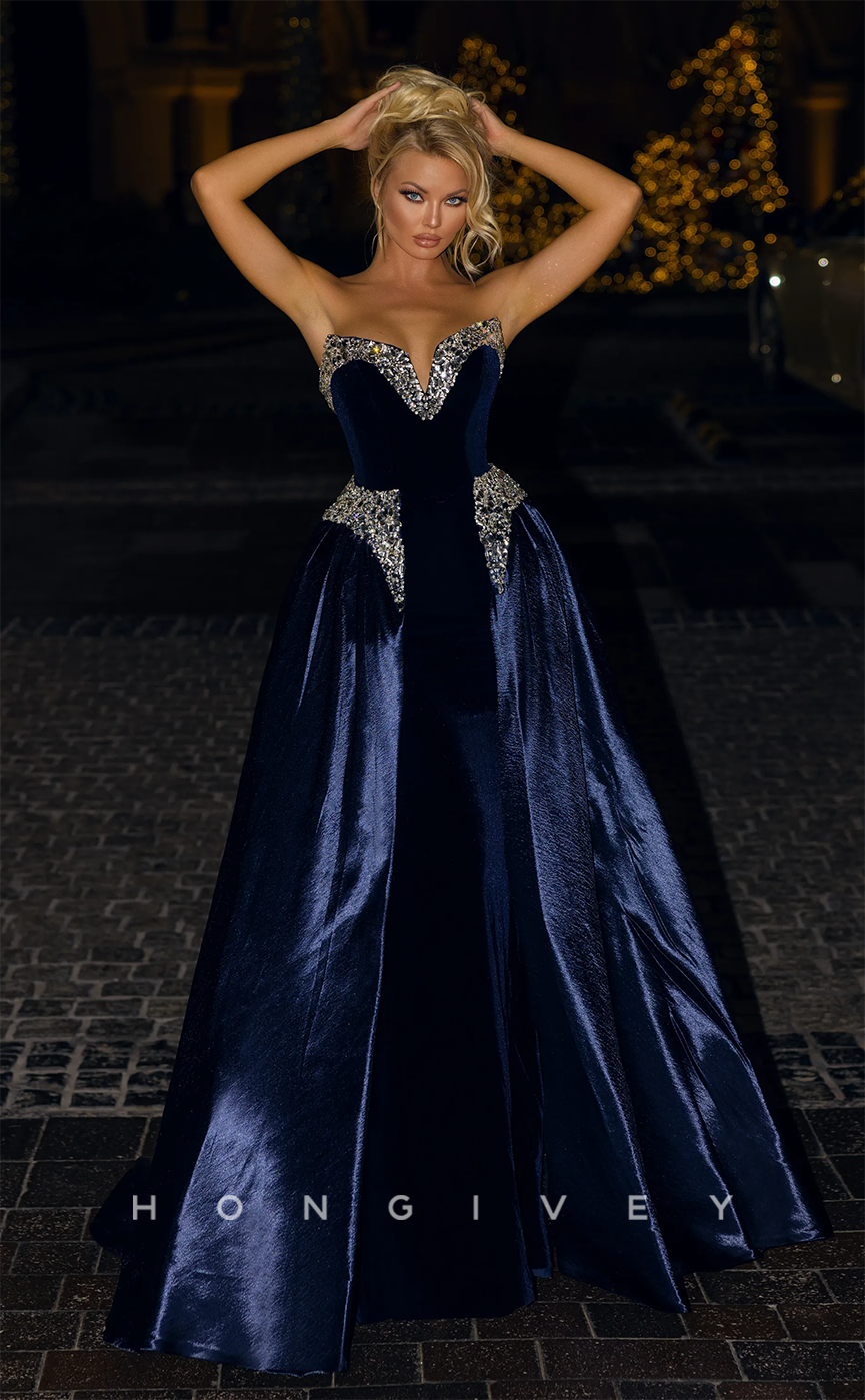 L1931 - Sexy Satin A-Line V-Neck Strapless Empire Beaded Floor-Length Party Prom Evening Dress