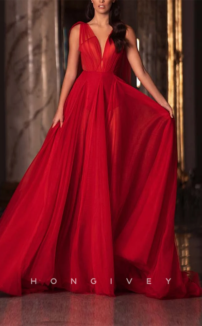 L1932 - Sexy Tulle A-Line V-Neck Straps Sleeveless Empire With Train Party Prom Evening Dress