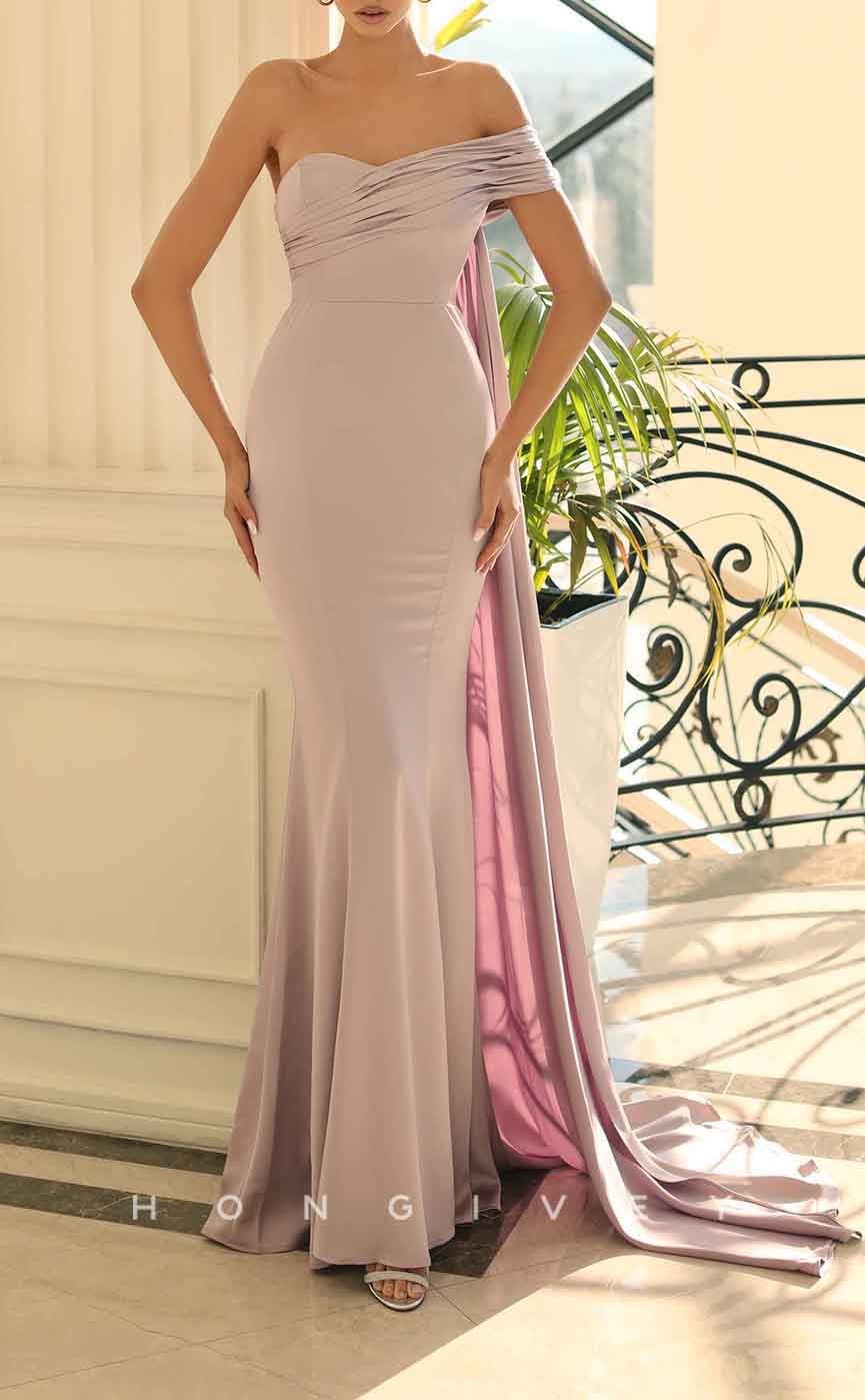 L1939 - Sexy Satin Trumpt One Shoulder Empire Ruched With Train Party Prom Evening Dress