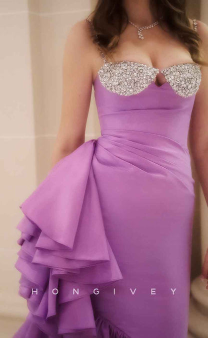 L1941 - Sexy Satin Fitted Glitter Sweetheart Spaghetti Straps Empire Ruched Ruffled Party Prom Evening Dress