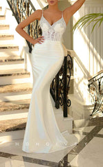 L1948 - Sexy Satin Trumpt V-Neck Spaghetti Straps Empire Beaded Appliques Party Prom Evening Dress