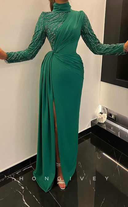 L1972 - Sexy Satin Fitted High Neck Long Sleeve Empire Beaded With Side Slit Party Prom Evening Dress