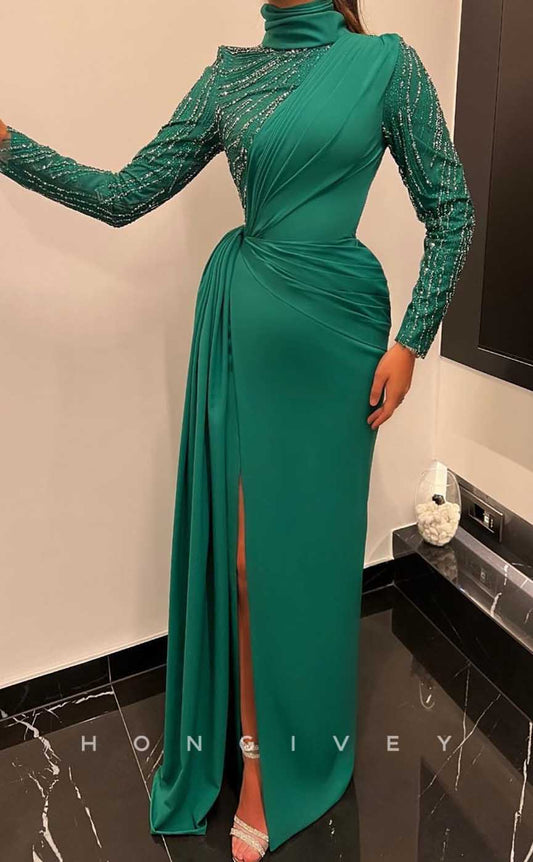 L1972 - Sexy Satin Fitted High Neck Long Sleeve Empire Beaded With Side Slit Party Prom Evening Dress