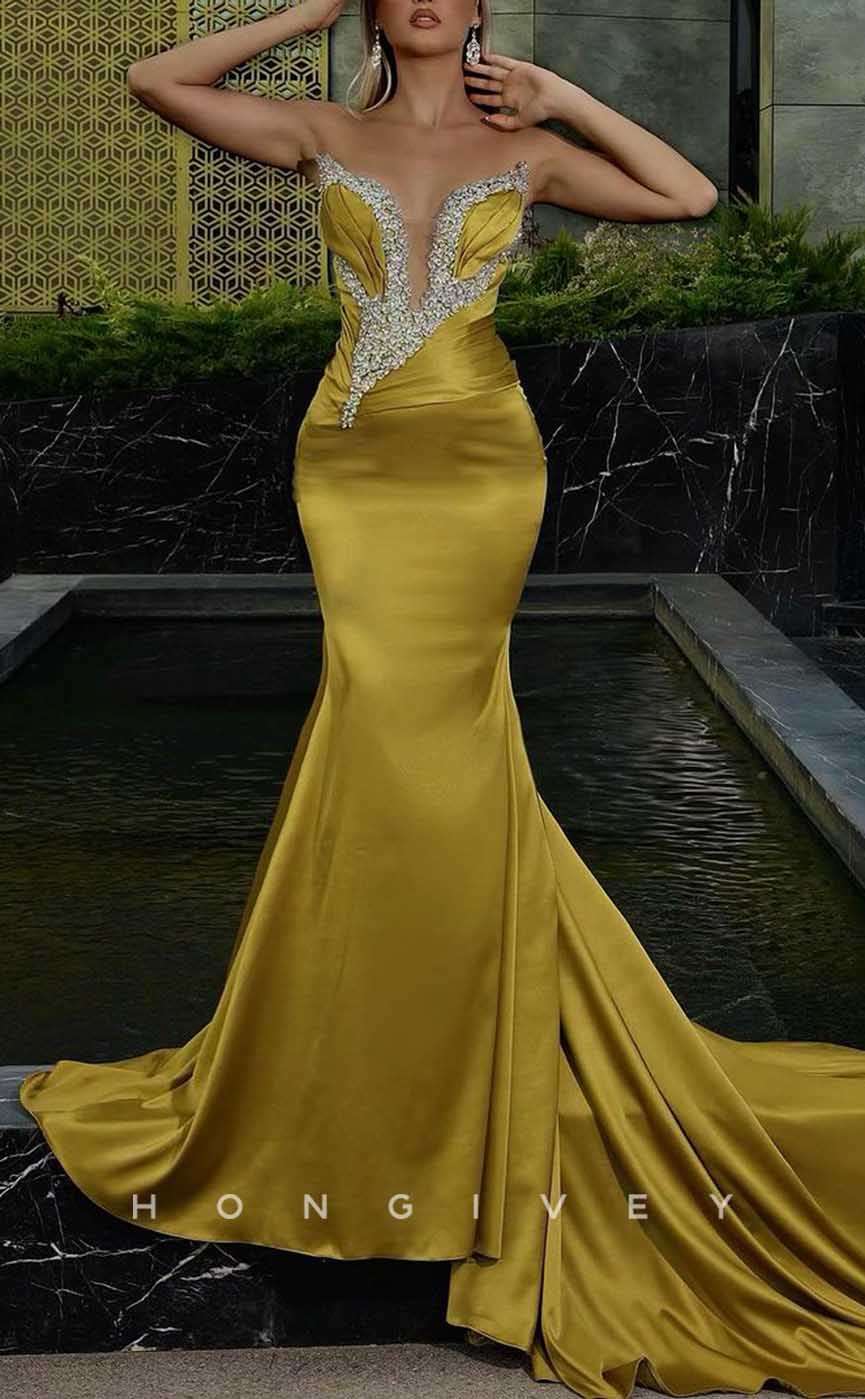 L1979 - Sexy Satin Trumpt Asymmetrical Sleeveless Empire Beaded With Train Party Prom Evening Dress