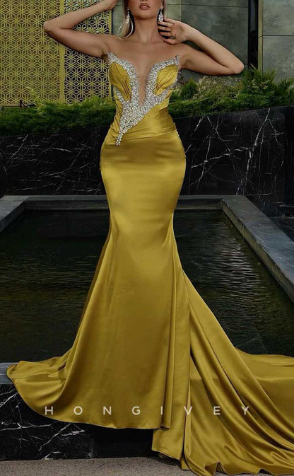 L1979 - Sexy Satin Trumpt Asymmetrical Sleeveless Empire Beaded With Train Party Prom Evening Dress