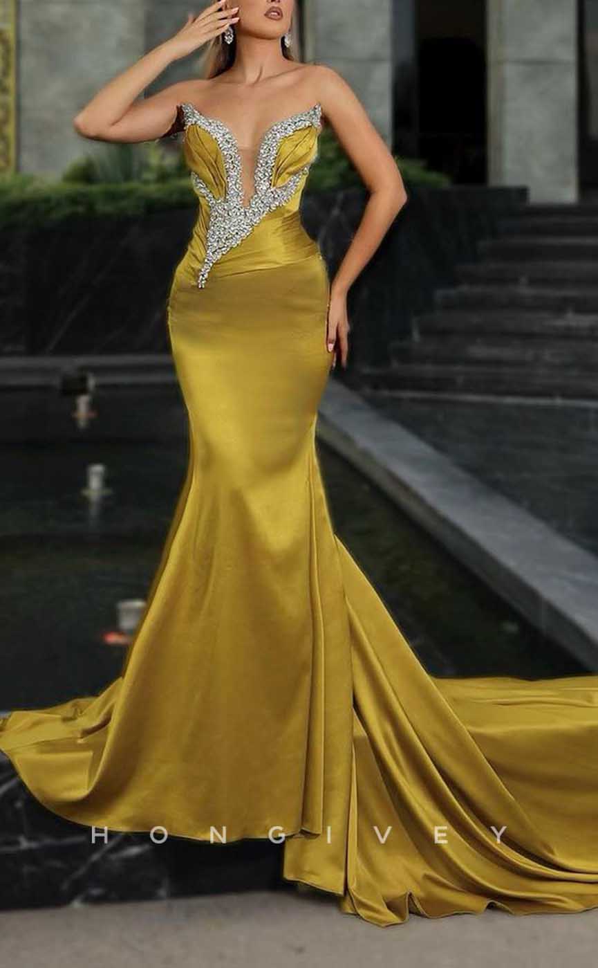 L1979 - Sexy Satin Trumpt Asymmetrical Sleeveless Empire Beaded With Train Party Prom Evening Dress