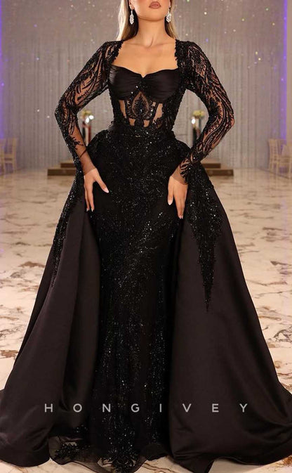 L1980 - Sexy Satin Fitted Glitter Sweetheart Lace Long Sleeves Empire Beaded With Overskirt Party Prom Evening Dress