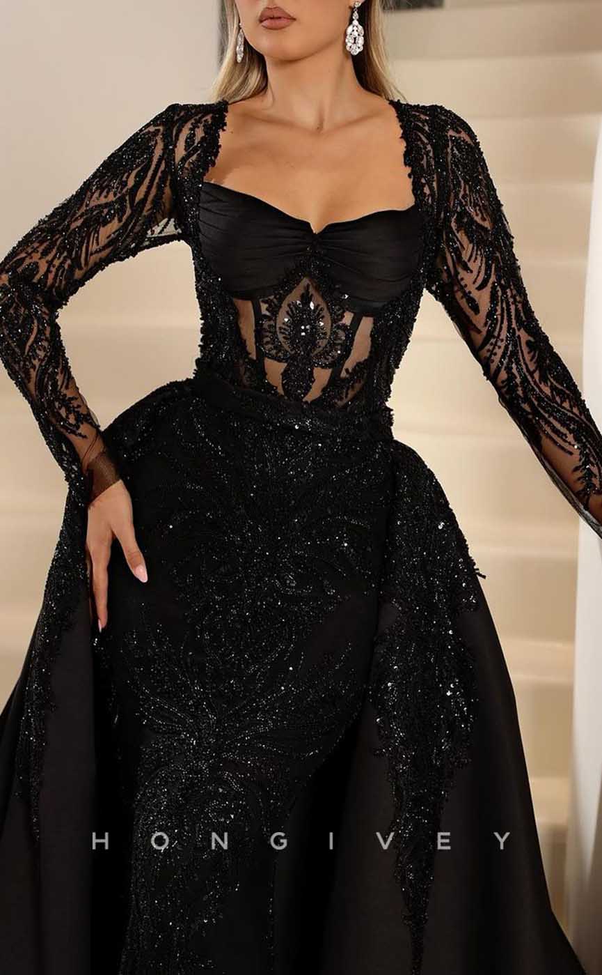 L1980 - Sexy Satin Fitted Glitter Sweetheart Lace Long Sleeves Empire Beaded With Overskirt Party Prom Evening Dress