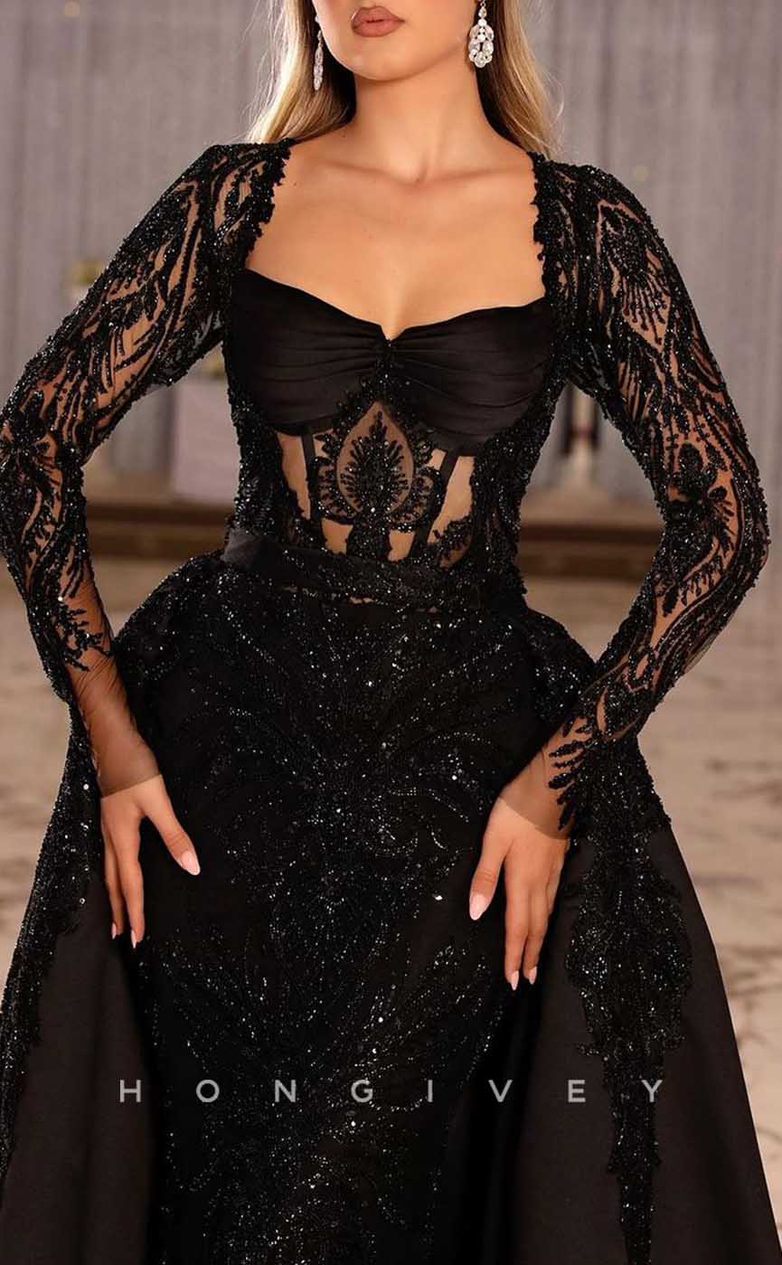 L1980 - Sexy Satin Fitted Glitter Sweetheart Lace Long Sleeves Empire Beaded With Overskirt Party Prom Evening Dress