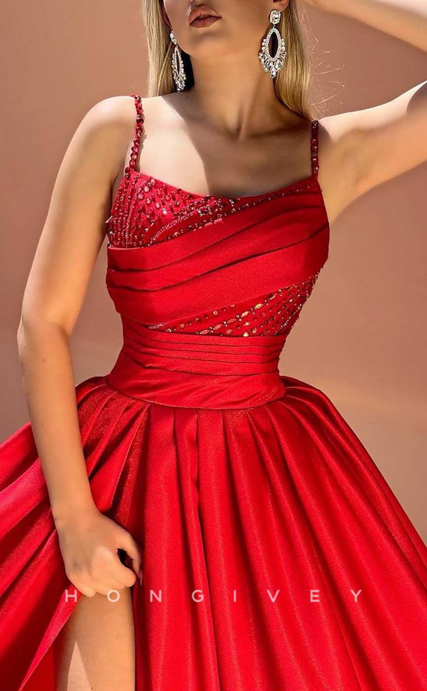 L1982 - Sexy Satin A-Line Square Spaghetti Straps Empire Beaded With Side Slit Party Prom Evening Dress