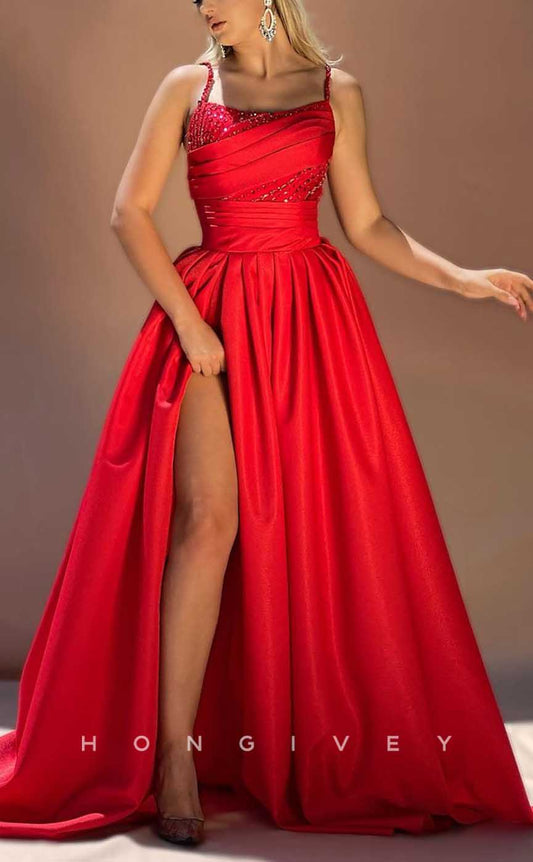 L1982 - Sexy Satin A-Line Square Spaghetti Straps Empire Beaded With Side Slit Party Prom Evening Dress