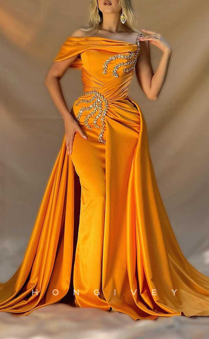 L1983 - Sexy Satin Fitted Asymmetrical Empire Beaded Ruched With Train Party Prom Evening Dress