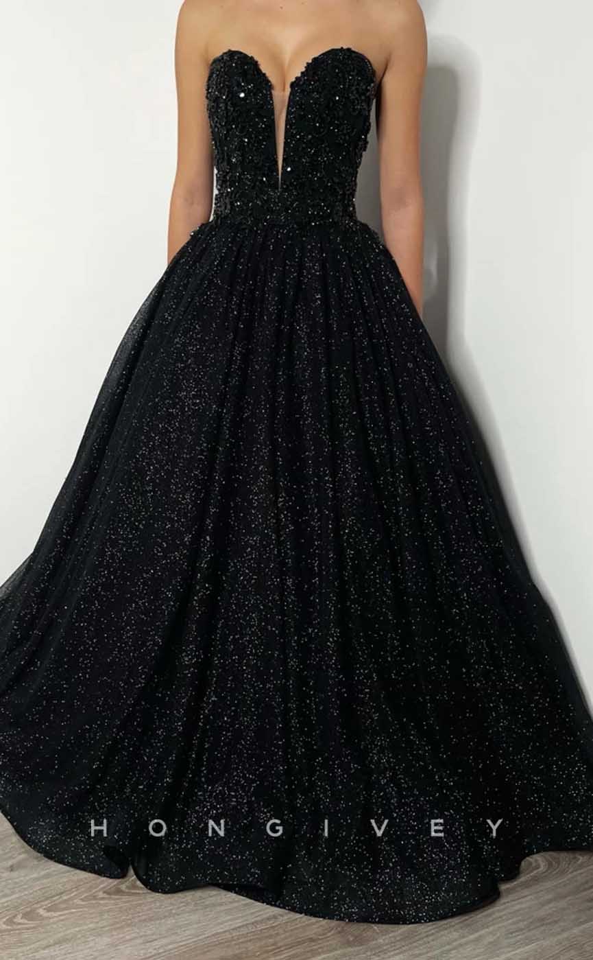 L2003 - Sexy Satin Glitter A-Line Sweetheart Strapless Empire Beaded With Train Party Prom Evening Dress