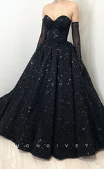 L2006 - Sexy A-Line Satin Sweetheart Strapless Empire Appliques Beaded Gloves Party Prom Evening Dress