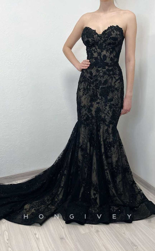 L2008 - Sexy Lace Trumpt Sweetheart Strapless Empire Appliques 3/4 Sleeves Party Prom Evening Dress