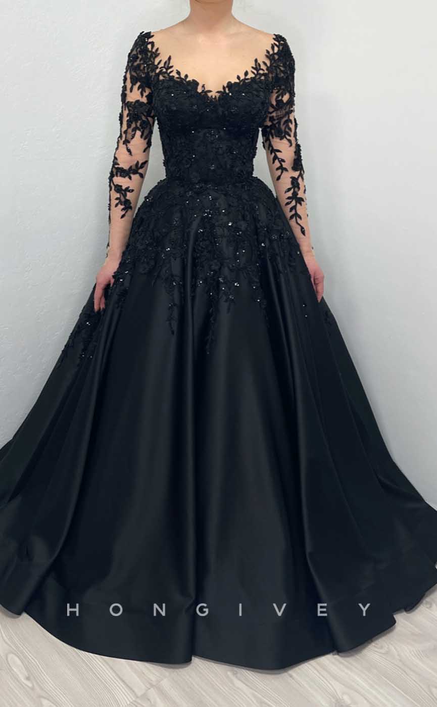 L2007 - Sexy Satin A-Line V-Neck Lace Long Sleeve Empire Beaded Appliques Party Prom Evening Dress