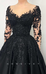 L2007 - Sexy Satin A-Line V-Neck Lace Long Sleeve Empire Beaded Appliques Party Prom Evening Dress