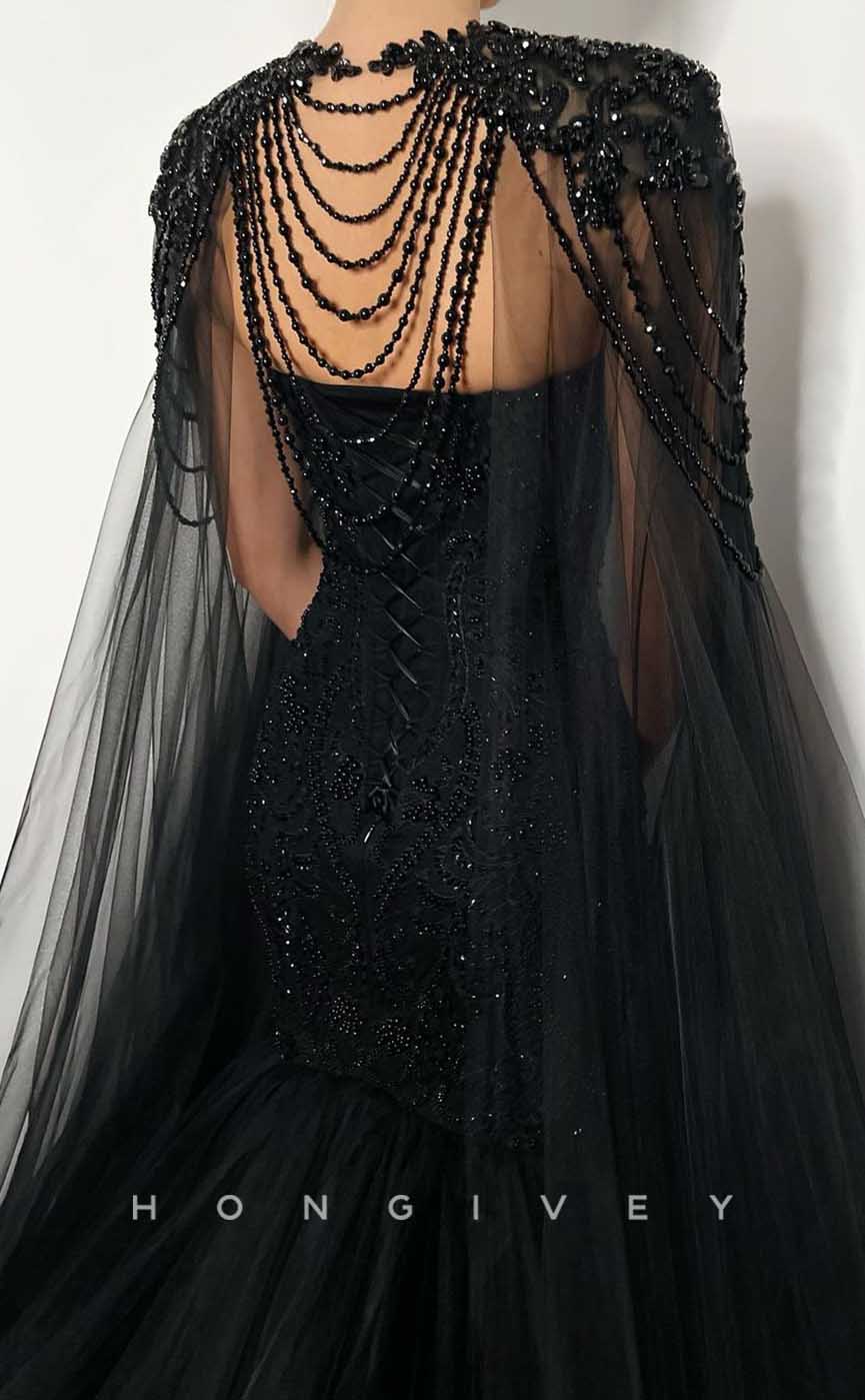 L2011 - Sexy Black Trumpt V-Neck Empire Detachable Bolero Beaded With Tulle Train Party Prom Evening Dress