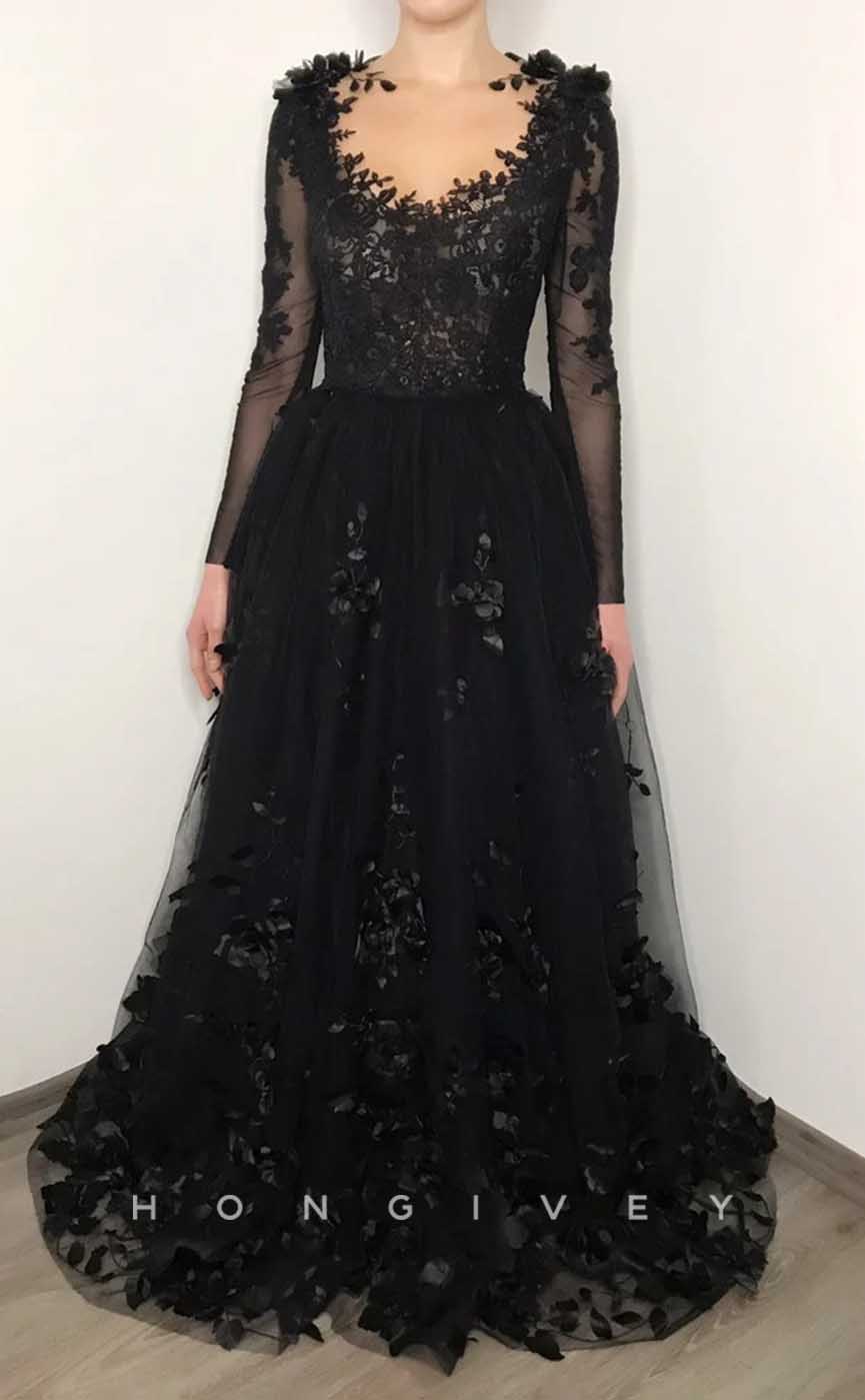 L2009 - Sexy A-Line Scoop Empire Lace Long Sleeve Beaded Floral Appliques Party Prom Evening Dress