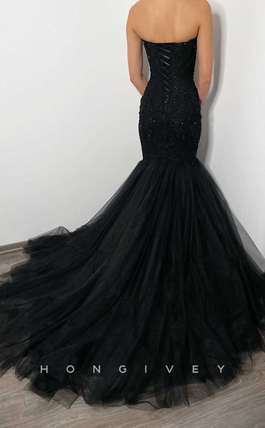 L2011 - Sexy Black Trumpt V-Neck Empire Detachable Bolero Beaded With Tulle Train Party Prom Evening Dress